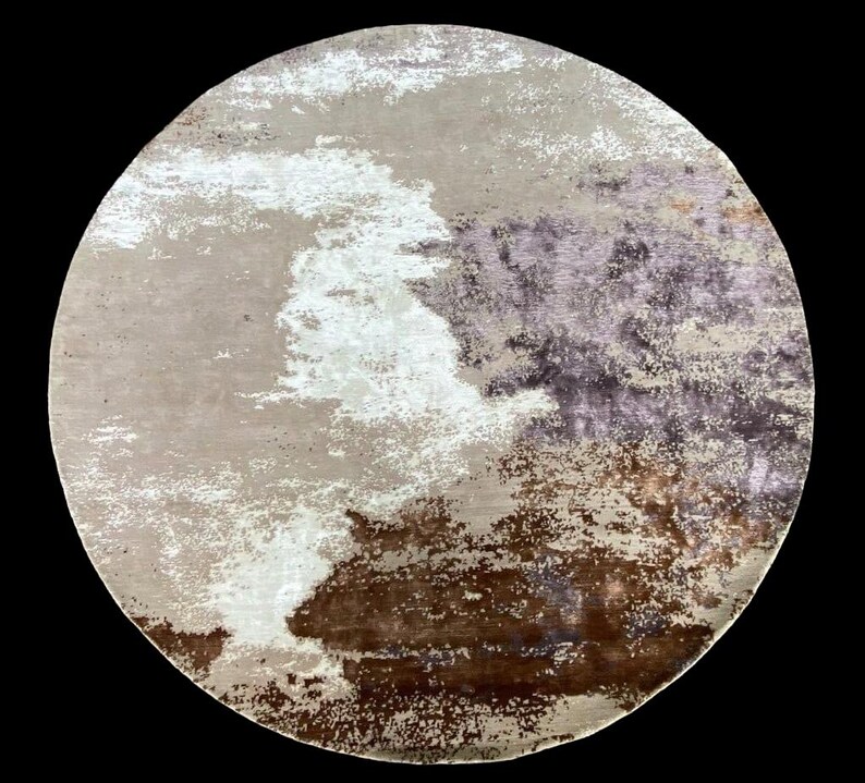 Round Hand Knotted Rug – 7 Ft Luxury Abstract Wool & Tencel Tibetan Knot Area Rug