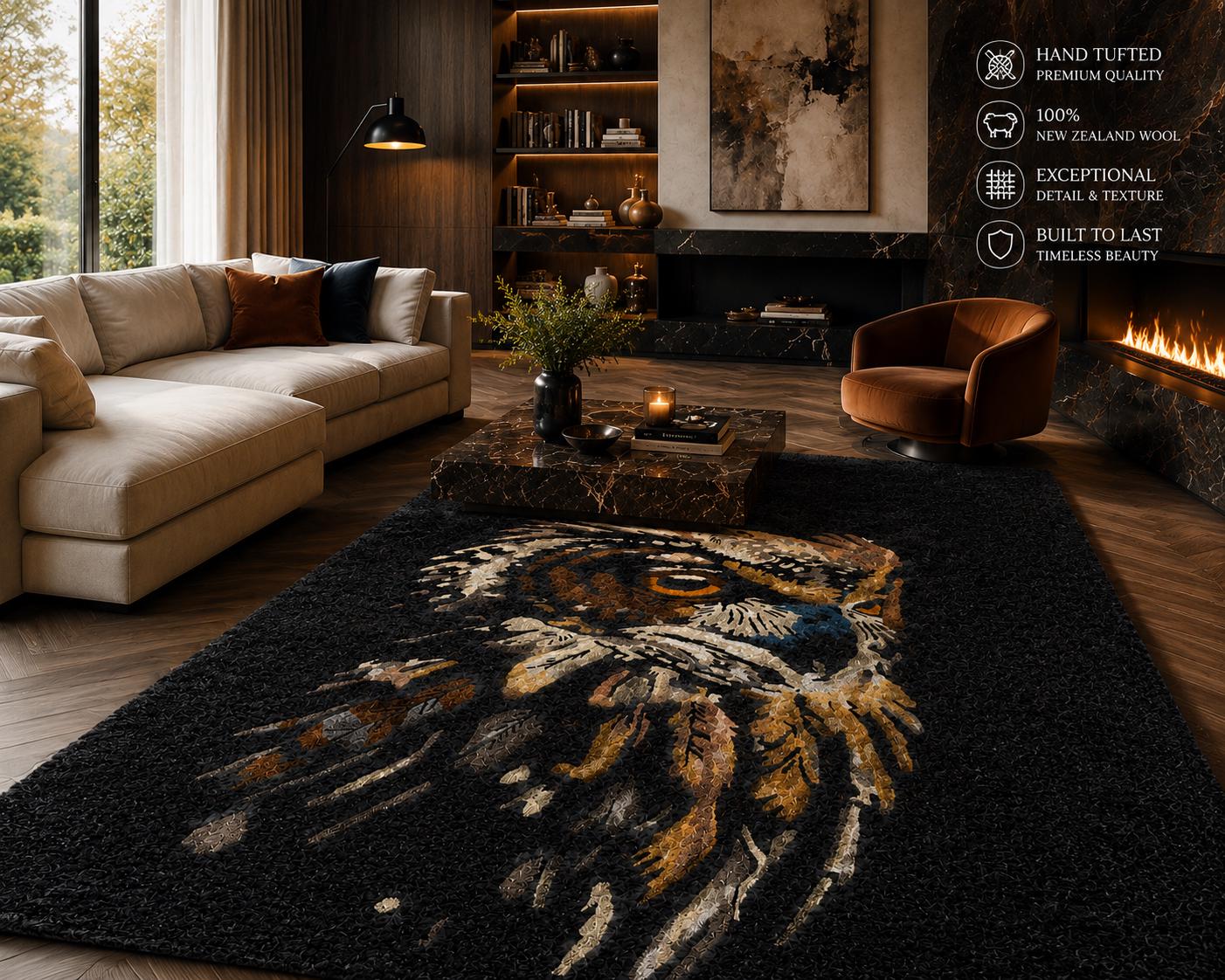 Hand Tufted Wool Blend Owl Rug, Nature Inspired Black Gold Carpet