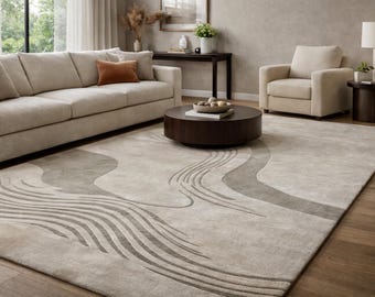 Hand Tufted New Zealand Wool Rug, Modern Abstract Beige High-Low Carpet