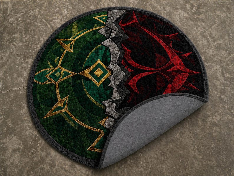 Hand tufted round wool and Tencel rug with green and red abstract split design, folded to show backing and thickness on neutral floor