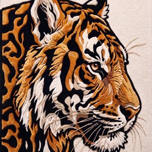 K&ouml;nnte beinhalten: Ein strukturierter Teppich, der einen Tigerkopf im Profil darstellt. Das Design verwendet Schwarz, Orange und Wei&szlig;, um das Fellmuster des Tigers zu erzeugen. Der Teppich hat einen cremefarbenen Hintergrund und sichtbare Schnurrhaare.