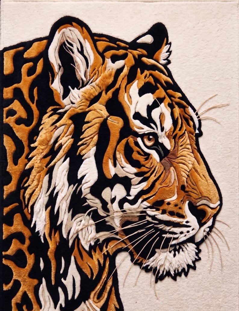 K&ouml;nnte beinhalten: Ein strukturierter Teppich, der einen Tigerkopf im Profil darstellt. Das Design verwendet Schwarz, Orange und Wei&szlig;, um das Fellmuster des Tigers zu erzeugen. Der Teppich hat einen cremefarbenen Hintergrund und sichtbare Schnurrhaare.
