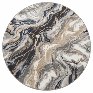 May include: A round area rug with a marbled design. The rug features swirling patterns in shades of gray, black, white, and tan, with subtle hints of navy blue and gold. The rug has a gray border.