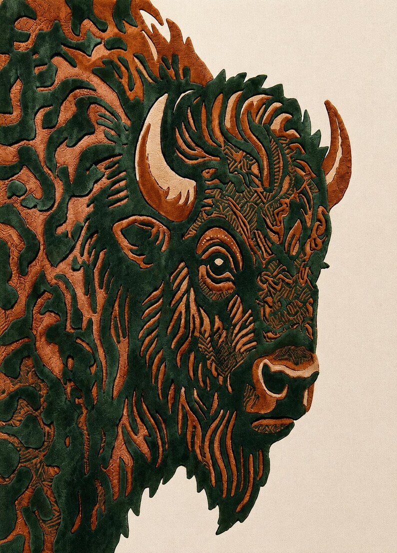 Peut inclure: Gros plan d&eacute;taill&eacute; d'une t&ecirc;te de bison, r&eacute;alis&eacute;e en tapis ou textile. Le motif pr&eacute;sente un fond vert fonc&eacute; avec des motifs bruns complexes, cr&eacute;ant un effet textur&eacute;. Les cornes du bison sont de couleur beige clair, et l'esth&eacute;tique g&eacute;n&eacute;rale est artistique.