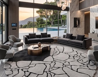 Kairo Charcoal Black & Silver Grey Hand Tufted Tencel Rug, Luxury Round Abstract Stone Area Rug, Modern Sculpted Designer Carpet
