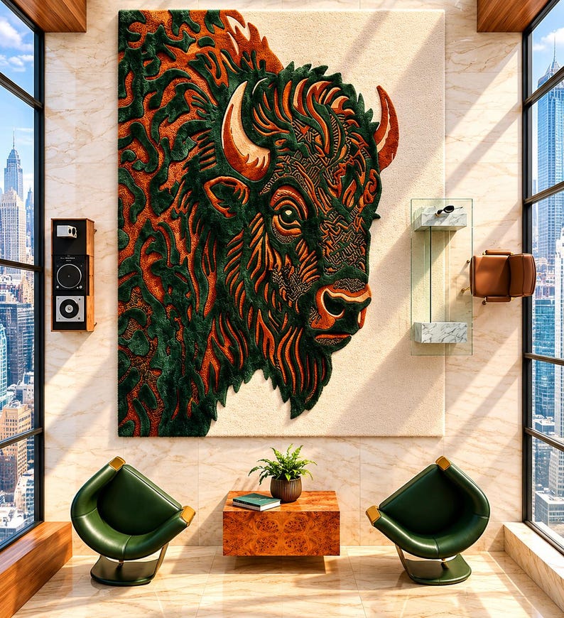 Tapis bison capitonné à la main, carpette en laine et tencel avec des animaux, tapis taureau de luxe, tapis bouclé coupé haut bas, tapis tendance moderne image 1