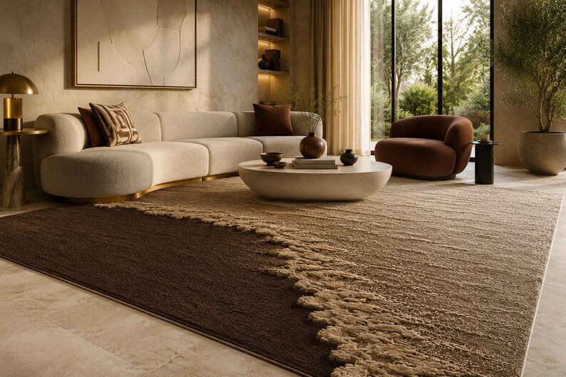 Op de afbeelding: Een moderne woonkamer met een beige hoekbank, een ronde salontafel en een bruine fauteuil. Een groot vloerkleed met een donkerbruin en beige textuurontwerp bedekt de vloer. Een gouden lamp en kunstwerken maken de inrichting compleet.
