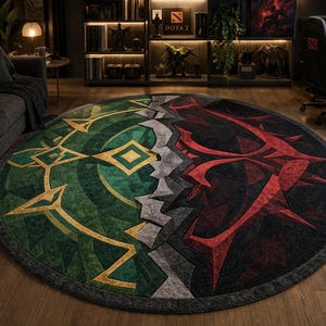 Hand tufted round wool and Tencel rug in green and red split design, placed in a modern gaming room with desk setup and warm ambient lighting