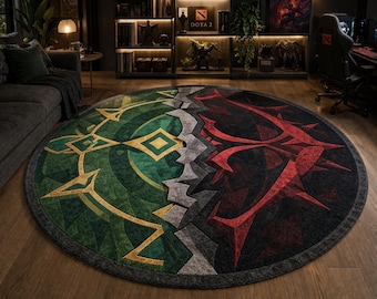 Hand Tufted Wool Tencel Round Rug, Radiant vs Dire Gaming Room Decor