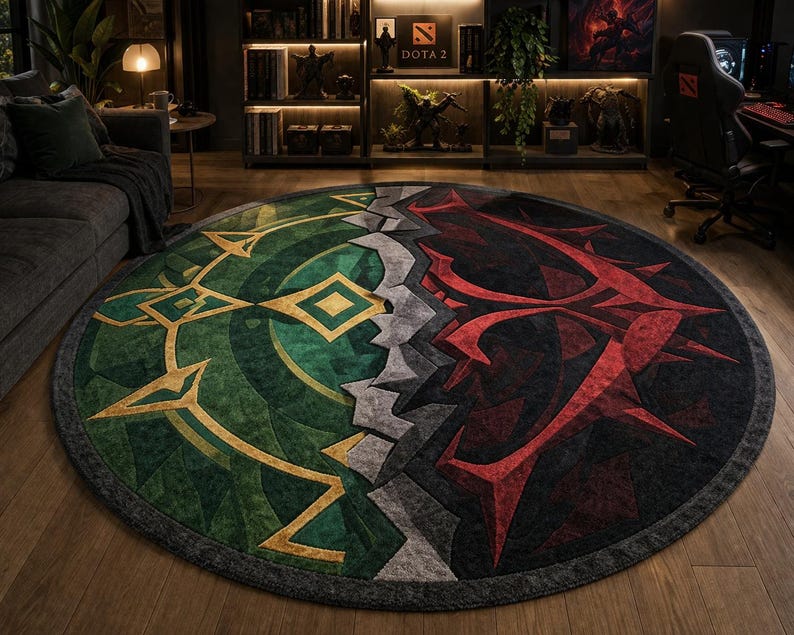 Hand tufted round wool and Tencel rug in green and red split design, placed in a modern gaming room with desk setup and warm ambient lighting