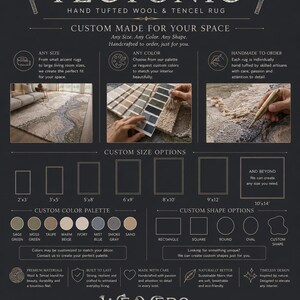 May include: A Tectonic hand-tufted wool and Tencel rug advertisement featuring custom size, color, and shape options. The graphic displays a room setting, a color palette, and a tufting tool. Text includes Tectonic, Weavers Rug, and custom options.