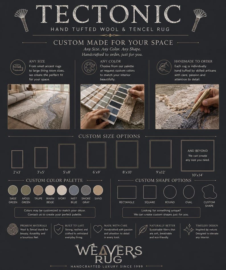 May include: A Tectonic hand-tufted wool and Tencel rug advertisement featuring custom size, color, and shape options. The graphic displays a room setting, a color palette, and a tufting tool. Text includes Tectonic, Weavers Rug, and custom options.
