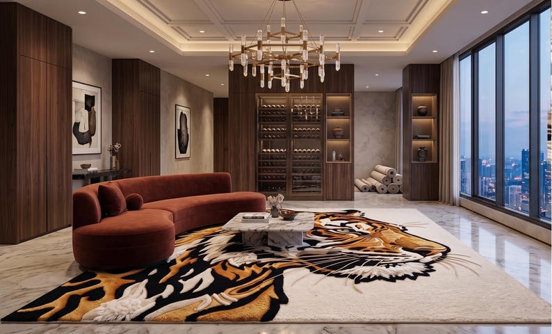 K&ouml;nnte beinhalten: Ein luxuri&ouml;ses Wohnzimmer mit einem gro&szlig;en, rostfarbenen, geschwungenen Sofa und einem Teppich mit einem Tigergesicht-Design. Der Raum umfasst einen Marmor-Couchtisch, einen Weinschrank und einen Kronleuchter. Gro&szlig;e Fenster bieten einen Blick auf die Stadt.