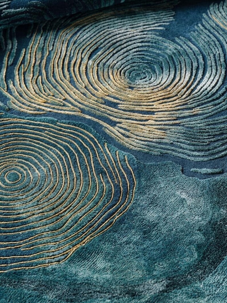 May include: A deep blue area rug featuring a textured, raised pattern of concentric circles in shades of gold and light blue. The surface has a high-low pile construction, creating a tactile, topographical effect with swirling lines across the fabric.