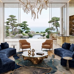 May include: A living room featuring two curved navy blue velvet sofas, two tan leather armchairs, and a central coffee table with a glass top and a gold-toned organic base. A large, abstract-patterned rug in blue, gold, and cream sits underneath.