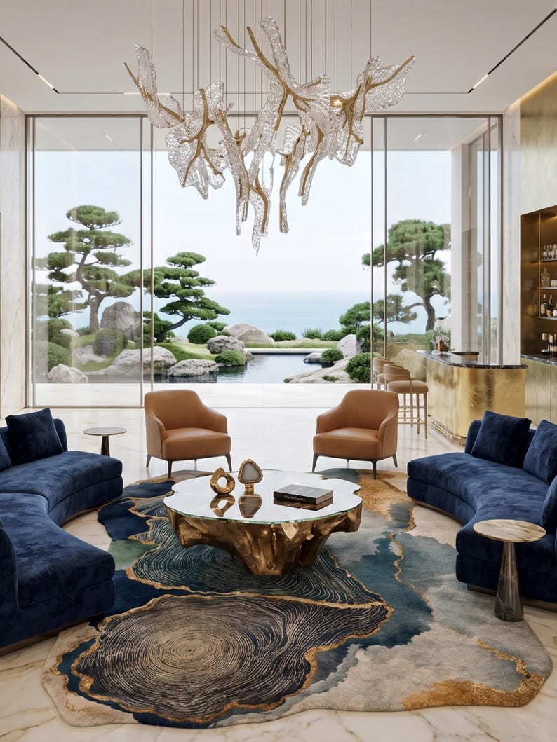 May include: A living room featuring two curved navy blue velvet sofas, two tan leather armchairs, and a central coffee table with a glass top and a gold-toned organic base. A large, abstract-patterned rug in blue, gold, and cream sits underneath.