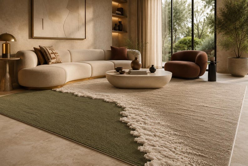 Op de afbeelding: Een moderne woonkamer met een beige hoekbank, een ronde salontafel en een bruine fauteuil. Een groot tapijt met een groen en beige golfpatroon bedekt de vloer. Decoratieve vazen en een gouden lamp maken het decor compleet.