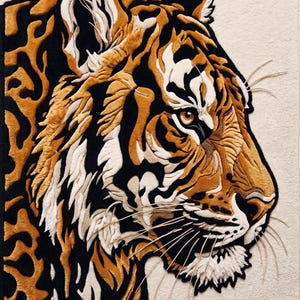 K&ouml;nnte beinhalten: Ein detaillierter, strukturierter Teppich mit einem Seitenprofil eines Tigerkopfes. Das Design zeigt die markanten orangefarbenen und schwarzen Streifen des Tigers, mit wei&szlig;en Akzenten um das Gesicht und einem cremefarbenen Hintergrund. Die Textur des Teppichs verleiht Tiefe.