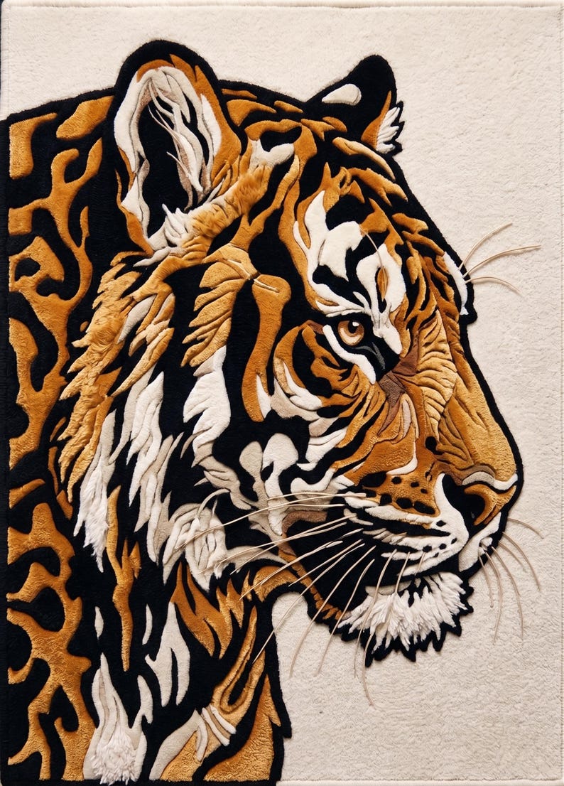 K&ouml;nnte beinhalten: Ein detaillierter, strukturierter Teppich mit einem Seitenprofil eines Tigerkopfes. Das Design zeigt die markanten orangefarbenen und schwarzen Streifen des Tigers, mit wei&szlig;en Akzenten um das Gesicht und einem cremefarbenen Hintergrund. Die Textur des Teppichs verleiht Tiefe.