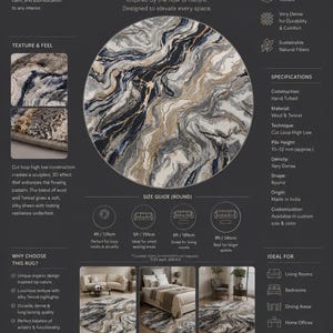 May include: Round River Stone Abstract rug with a hand-tufted wool and Tencel blend. The rug features a flowing pattern in shades of ivory, gray, and navy, with a pile height of approximately 0.4-0.5 inches. Ideal for living rooms and bedrooms.