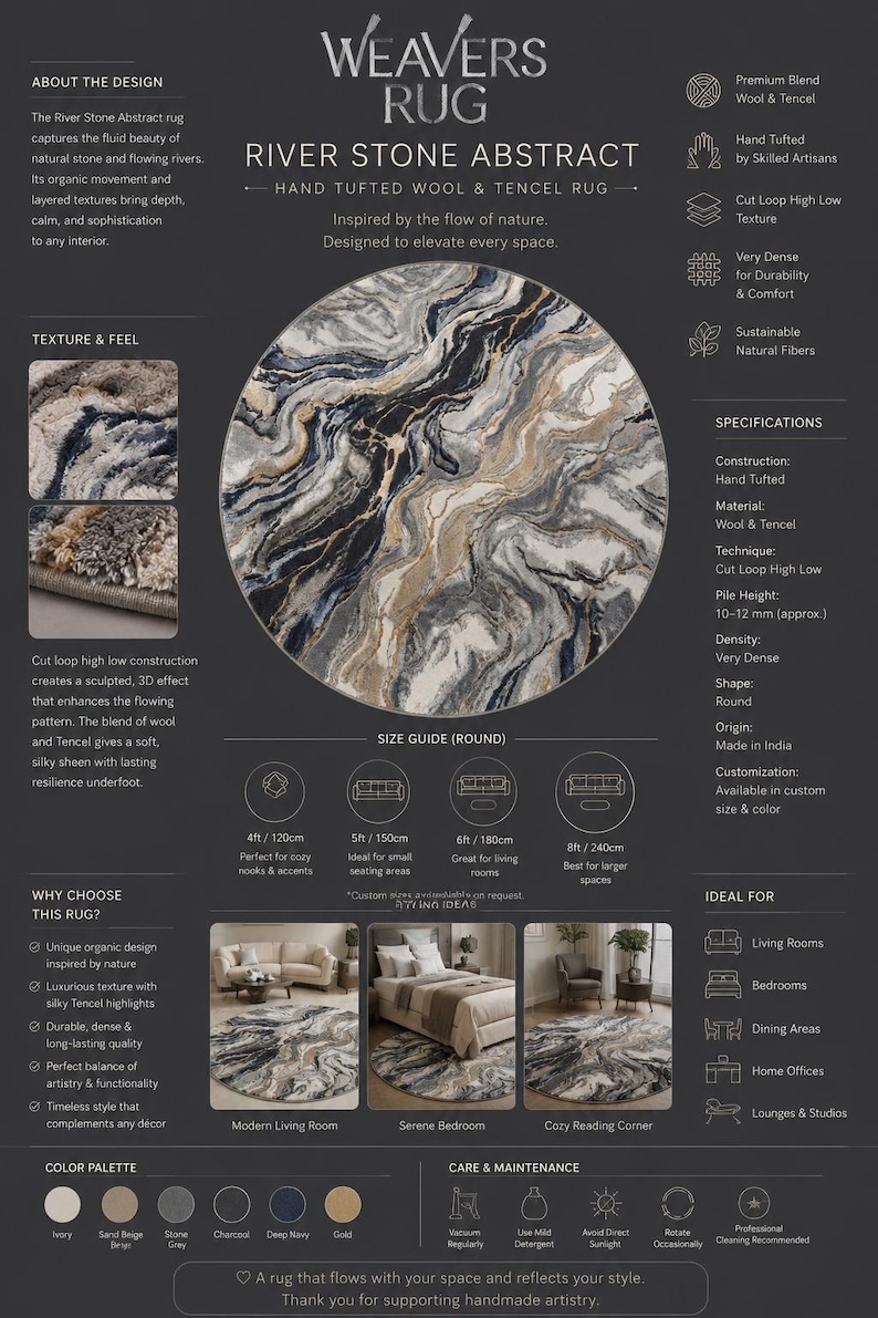May include: Round River Stone Abstract rug with a hand-tufted wool and Tencel blend. The rug features a flowing pattern in shades of ivory, gray, and navy, with a pile height of approximately 0.4-0.5 inches. Ideal for living rooms and bedrooms.