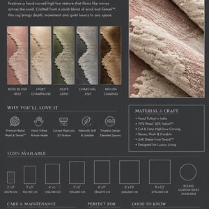 Op de afbeelding: De Sculpted Shore Rug heeft een handgesneden textuur en is verkrijgbaar in kleuren als Rose Blush Mist en Charcoal Ash. Maten vari&euml;ren van 60x90 cm tot 270x360 cm, met aangepaste maten beschikbaar. Gemaakt van wol en Tencel.