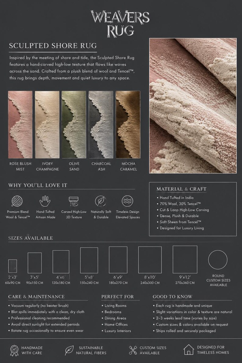 Op de afbeelding: De Sculpted Shore Rug heeft een handgesneden textuur en is verkrijgbaar in kleuren als Rose Blush Mist en Charcoal Ash. Maten vari&euml;ren van 60x90 cm tot 270x360 cm, met aangepaste maten beschikbaar. Gemaakt van wol en Tencel.