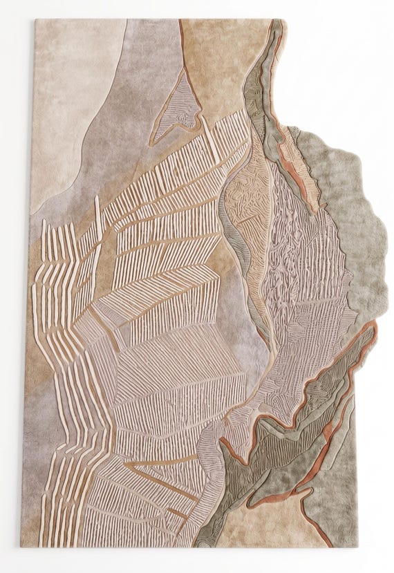 Éclat Minéral Designer Rug, Irregular Hand Tufted Wool & Tencel Silk Rug, High-Low Abstract Beige Sage Luxury Area Rug