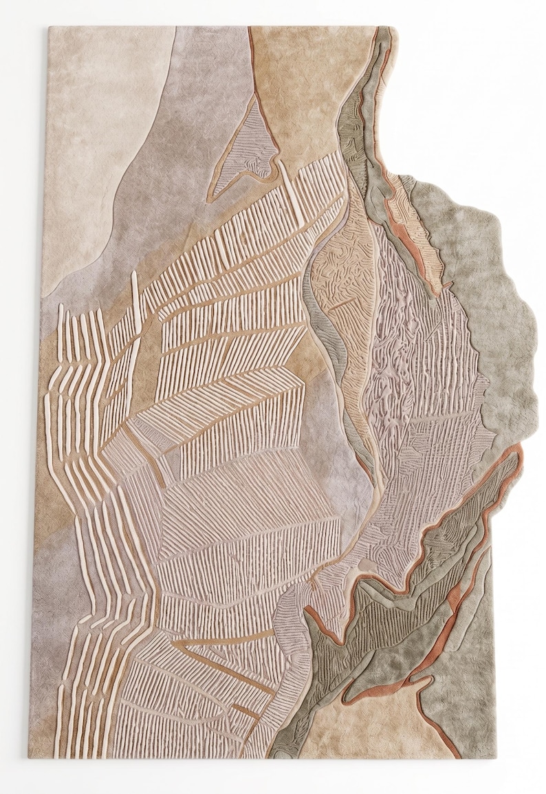 May include: A rectangular rug with an irregular right edge, featuring a textured surface in shades of beige, tan, taupe, and terracotta. The design consists of carved, raised lines and flat sections that create a topographical, map-like pattern.
