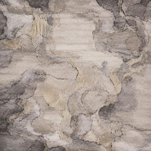 May include: A rectangular area rug featuring an abstract pattern of swirling gray, charcoal, and beige clouds. The design incorporates distinct sections of cream-colored parallel lines that contrast with the soft, blended textures of the background.