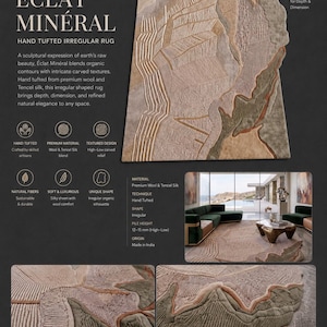 May include: An irregular hand-tufted rug featuring a high-low carved texture in a color palette of sand beige, warm taupe, soft lilac, sage green, terracotta clay, and stone gray. The rug displays organic contours and a textured relief design.