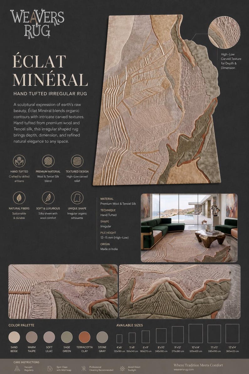 May include: An irregular hand-tufted rug featuring a high-low carved texture in a color palette of sand beige, warm taupe, soft lilac, sage green, terracotta clay, and stone gray. The rug displays organic contours and a textured relief design.