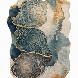 May include: An area rug with an irregular, organic shape featuring a watercolor-inspired design. The pattern displays three circular tree ring motifs in shades of deep navy, teal, and cream, accented by shimmering gold metallic veining throughout.