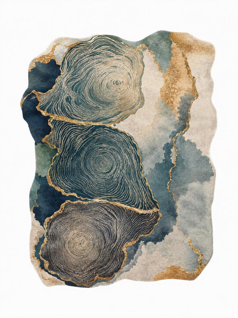 May include: An area rug with an irregular, organic shape featuring a watercolor-inspired design. The pattern displays three circular tree ring motifs in shades of deep navy, teal, and cream, accented by shimmering gold metallic veining throughout.