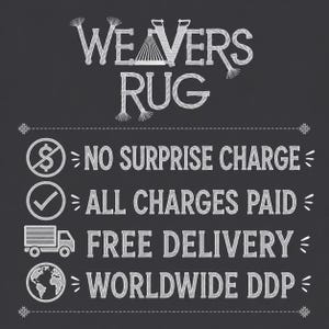 Op de afbeelding: Een grafische afbeelding in schoolbordstijl met de woorden "WEAVERS RUG" in het wit. Daaronder staat "NO SURPRISE CHARGE", "ALL CHARGES PAID", "FREE DELIVERY" en "WORLDWIDE DDP", allemaal in witte tekst.