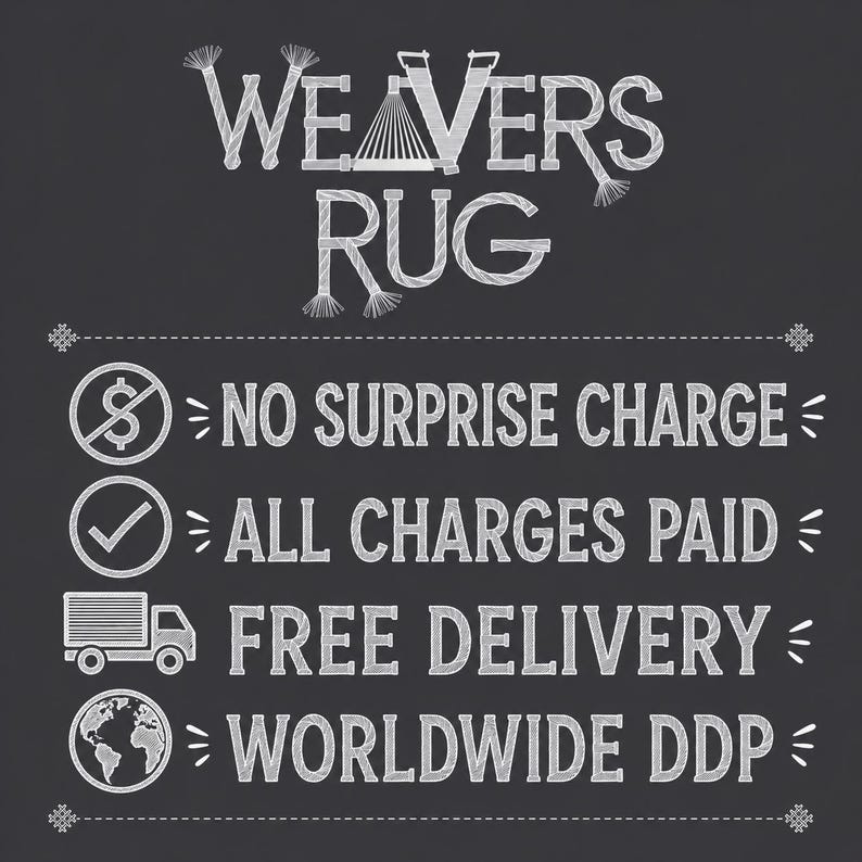 Op de afbeelding: Een grafische afbeelding in schoolbordstijl met de woorden "WEAVERS RUG" in het wit. Daaronder staat "NO SURPRISE CHARGE", "ALL CHARGES PAID", "FREE DELIVERY" en "WORLDWIDE DDP", allemaal in witte tekst.
