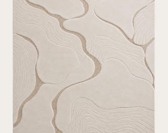 Handgetuft wollen vloerkleed, organisch modern beige gebeeldhouwd tapijt, aangepast formaat eigentijds vloerkleed