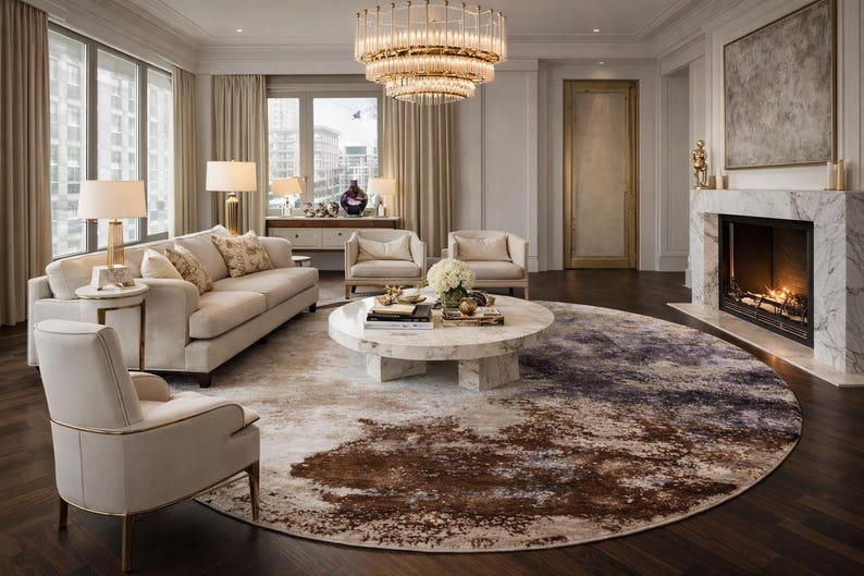 Round Hand Knotted Rug – 7 Ft Luxury Abstract Wool & Tencel Tibetan Knot Area Rug
