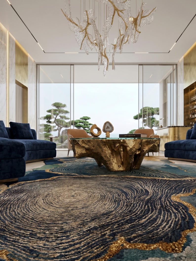 May include: A living room featuring a large, gold-finished, organic-shaped coffee table with a glass top, positioned on a textured rug with blue, gold, and cream concentric patterns. Two navy blue sofas flank the table, with a branch-like chandelier above.