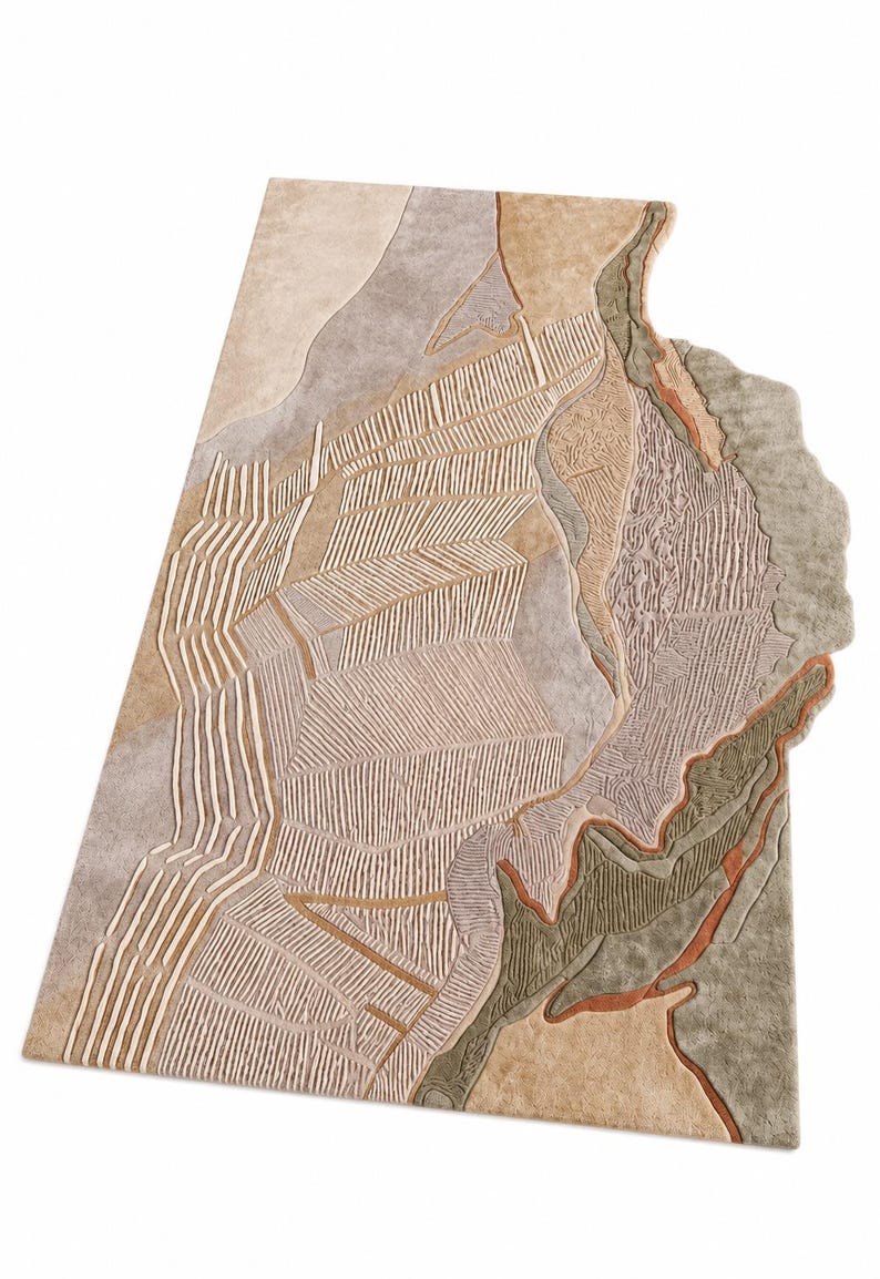 May include: A rectangular area rug featuring an abstract, topographical landscape design in shades of beige, tan, sage green, and terracotta. The surface displays a mix of smooth textures and raised, carved linear patterns resembling fields.