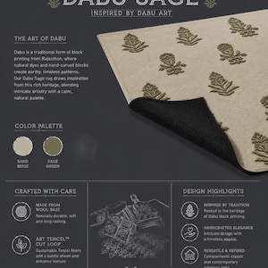 Soft Sand Beige Sage Green Dabu Art Hand Tufted Wool & Tencel Rug, Plush High-Low Botanical Area Rug for Living Room image 6