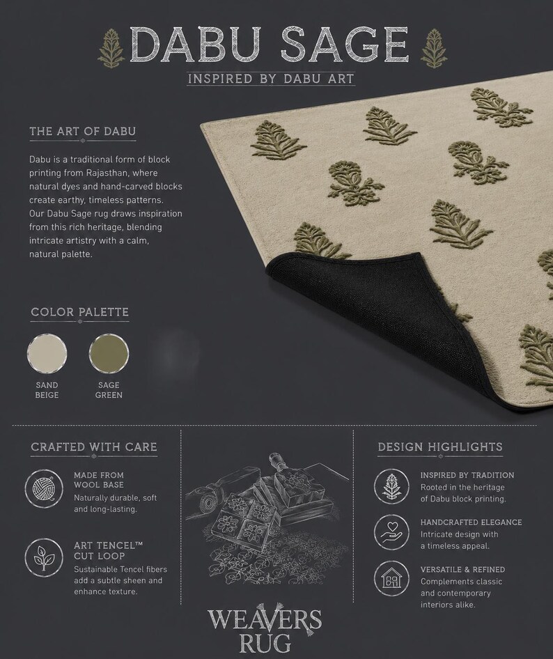 Soft Sand Beige Sage Green Dabu Art Hand Tufted Wool & Tencel Rug, Plush High-Low Botanical Area Rug for Living Room image 6