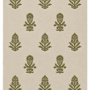 May include: A rectangular area rug featuring a light beige background with a repeating pattern of olive green botanical motifs. The design consists of alternating stylized leaf and floral shapes arranged in a symmetrical grid across the surface.