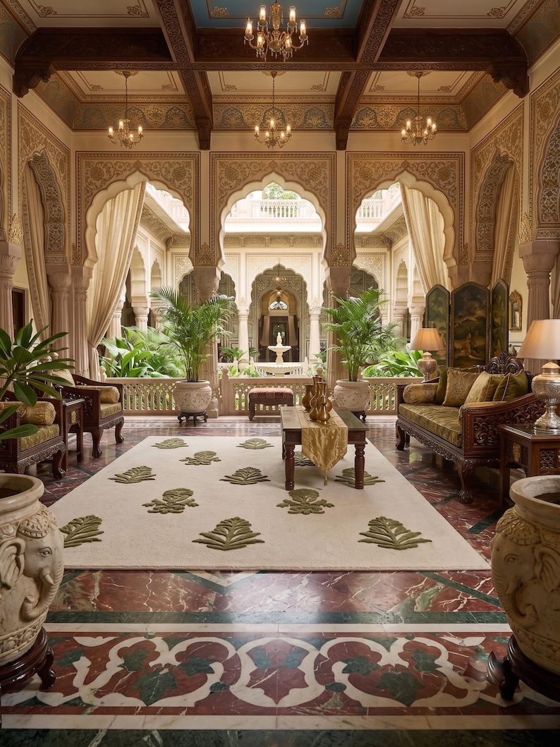 May include: A grand interior space featuring a cream-colored rug with green leaf patterns, a dark wood coffee table with a gold runner, and two large stone planters carved with elephant heads. The room has marble floors and arched doorways.