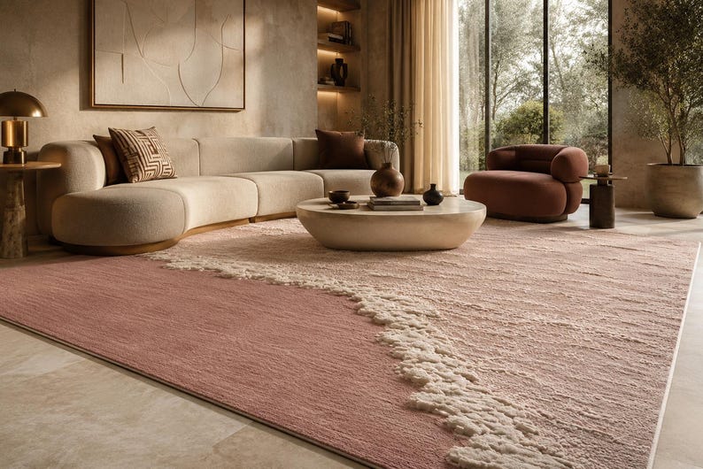 Op de afbeelding: Een moderne woonkamer met een groot, roze vloerkleed met een textuurontwerp. Het kleed heeft een golfachtig patroon in wit langs &eacute;&eacute;n rand. Een beige hoekbank, een ronde salontafel en een bruine fauteuil zijn ook zichtbaar.