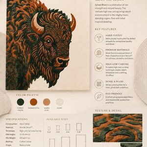 Peut inclure: Tapis Sylvan Bison touffet&eacute; &agrave; la main avec un motif de bison. Le tapis pr&eacute;sente une technique de sculpture en relief, avec une palette de couleurs vert for&ecirc;t, terre cuite, argile chaude et ivoire. Fabriqu&eacute; en laine et Tencel, disponible en diff&eacute;rentes tailles.
