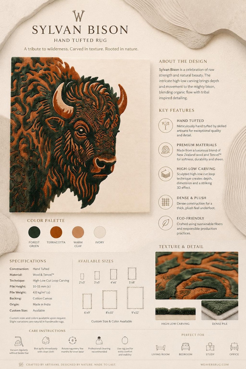 Peut inclure: Tapis Sylvan Bison touffet&eacute; &agrave; la main avec un motif de bison. Le tapis pr&eacute;sente une technique de sculpture en relief, avec une palette de couleurs vert for&ecirc;t, terre cuite, argile chaude et ivoire. Fabriqu&eacute; en laine et Tencel, disponible en diff&eacute;rentes tailles.