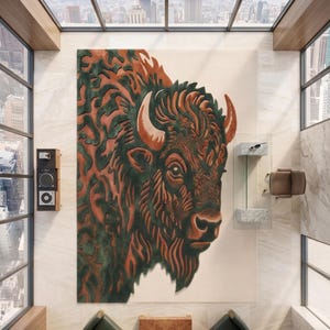 Peut inclure: Un grand tapis rectangulaire avec une illustration d&eacute;taill&eacute;e d'une t&ecirc;te de bison. Le tapis utilise des teintes vertes et oranges sur un fond cr&egrave;me. Le tapis est dans une pi&egrave;ce avec vue sur la ville. Environ 300cm x 200cm.