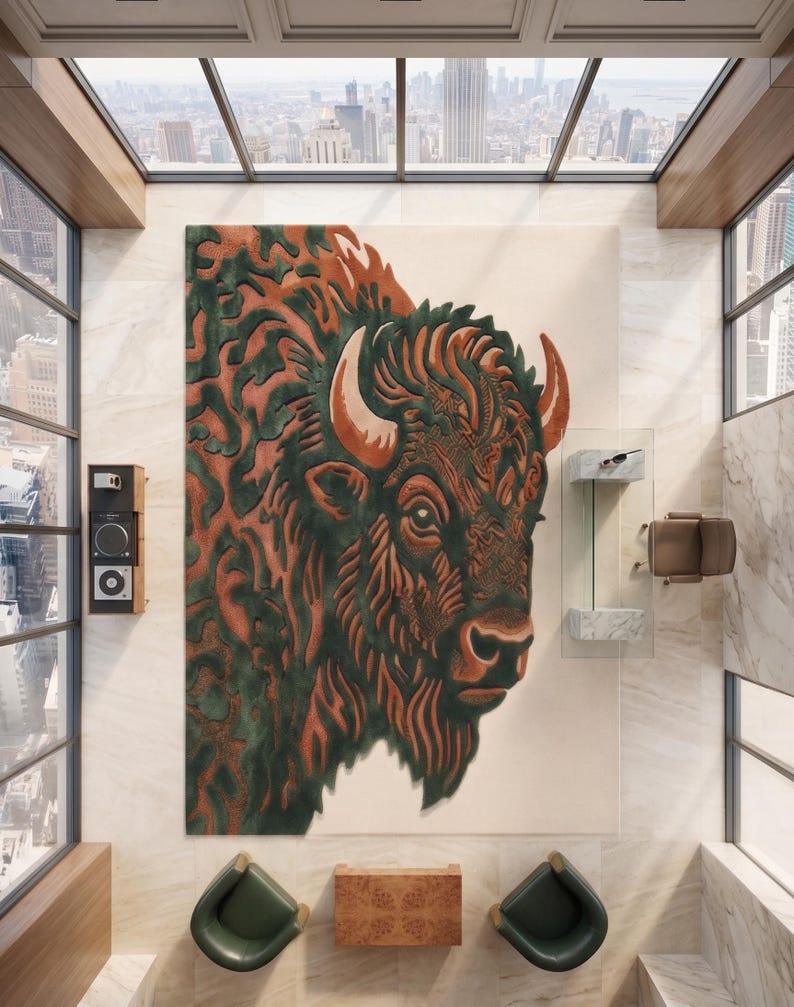 Peut inclure: Un grand tapis rectangulaire avec une illustration d&eacute;taill&eacute;e d'une t&ecirc;te de bison. Le tapis utilise des teintes vertes et oranges sur un fond cr&egrave;me. Le tapis est dans une pi&egrave;ce avec vue sur la ville. Environ 300cm x 200cm.