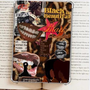 May include: A rectangular tablet case featuring a collage design with a leopard print background. The collage includes images of lips with grills, text reading Black is Beautiful, Be the Energy You Want to Attract, and Unapologetically Pretty.